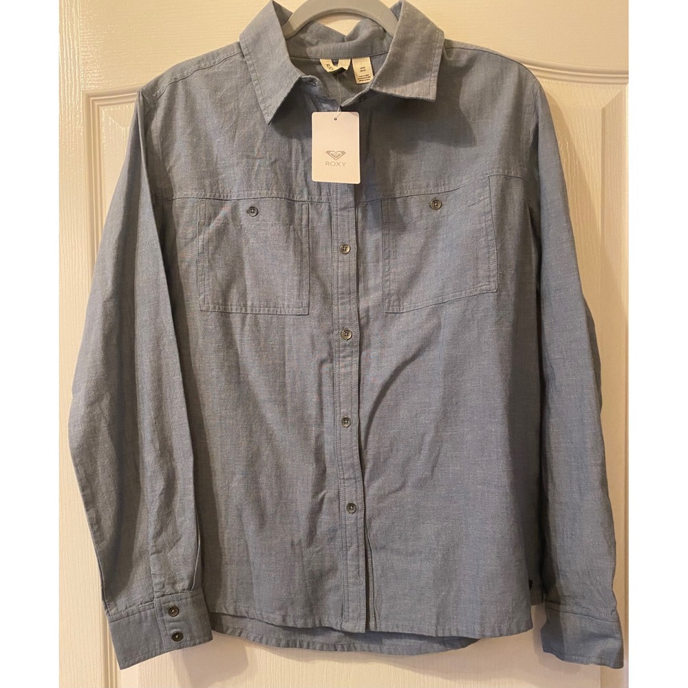 Roxy Womens Blue Chambray Button Down Long Sleeve Dual Pocket Size S NEW W/TAGS